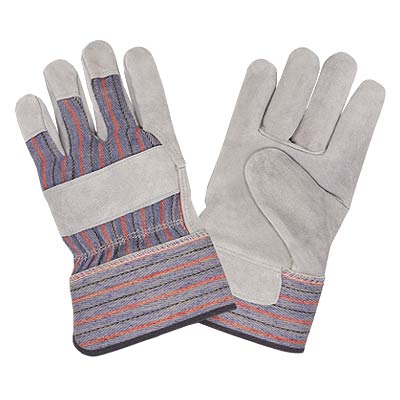 Cordova 7205R Premium Gray Split Shoulder Cowhide Leather Palm Striped Canvas Backed Gloves: 2 1/2\" Rubberized Safety Cuffs