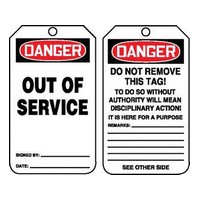 Accuform Signs MDT158CTP Accuform Signs 5 7/8" X 3 1/8" Red, Black And White PF-Cardstock Two Sided Safety Tag "Danger Out Of Se