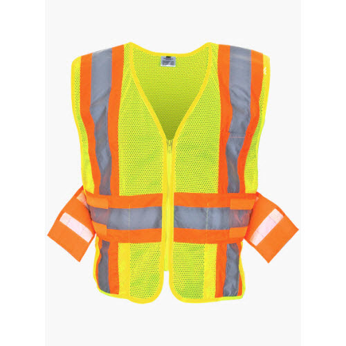 TnA Safety Products V219L Class II Lime Expandable Two Tone Reflective Surveyor Vest: 2\" Silver Stripes 1 1/4\" Orange Stripes Bo