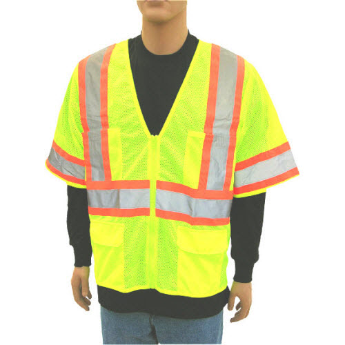TnA Safety Products V310L Class III Lime Sleeved Two Tone Reflective Surveyor Vest: 2" Silver Stripes 1 1/4" Orange Stripes Boar