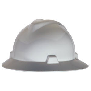 MSA 475369 V-Gard White HDPE Fas-Trac 4-Point Ratcheting Suspension Full Brim Hardhat