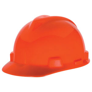 MSA 488146 V-Gard Hi-Viz Orange HDPE Fas-Trac 4-Point Ratcheting Suspension Cap Style Hardhat