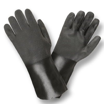 Cordova 5114SI 14\" Sandy Finish Black Double-Dipped PVC Interlock Lined Gloves: Gauntlet Wrists