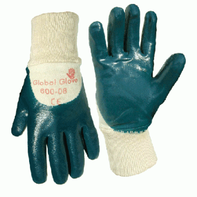 Global Glove 600 Blue Nitrile Coated White Cotton Gloves: Knit Wrists
