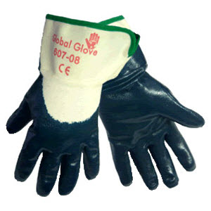 Global Glove 607 Blue Nitrile Coated White Cotton Jersey Lined Gloves: Safety Cuffs