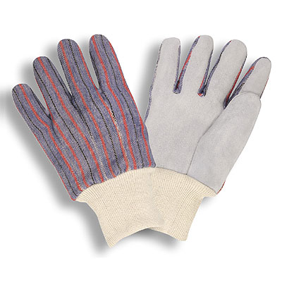 Cordova 7120 Economy Gray Split Shoulder Cowhide Leather Palm Striped Canvas Backed Gloves: 2\" Knit Wrists