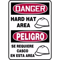 Bilingual Signs Danger Hard Hat Area Signs - Peligro Se Requiere Casco En Esta Area with Graphic Accuform SBMPPA027VP Safety Signs