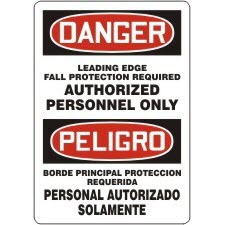 Bilingual Signs Danger Leading Edge Fall Protection Required Authorized Personnel Only Signs Accuform MSPP108VP Safety Signs