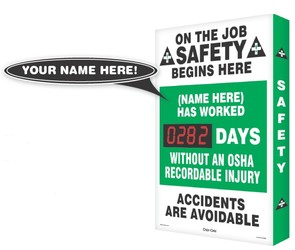 Safety Scoreboards Accuform SCM336 Digi-Day Plus Safety Scoreboards: "On the Job Safety Begins Here" Safety Scoreboard