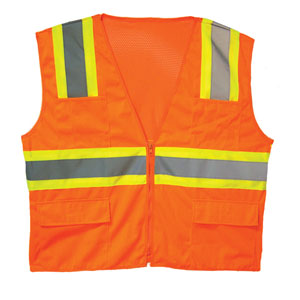 Global Glove GLO-004 Class II Orange Two Tone Reflective Surveyors Vest: 2\" Silver Stripes 1 1/4\" Lime Stripes Boarder