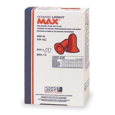 Howard Leight MAX-1-D MAX NRR 33 Uncorded Disposable Single-Use Earplugs: 500 Pair Refill Box