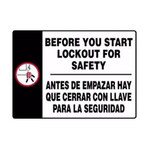 ACCUFORM SBMLKT511VP 14\" x 20\" BEFORE YOU START LOCKOUT FOR SAFETY Lockout Graphic Plastic Sign: Bilingual English/Spanish