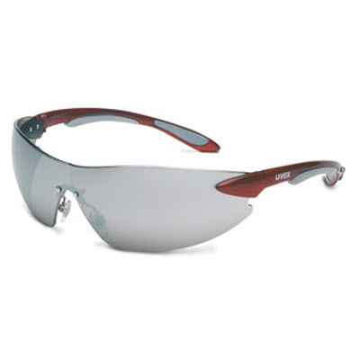 SPERIAN UVEX S4413 Ignite Safety Glasses: Silver Mirror Lens Metallic Red/Silver Frame