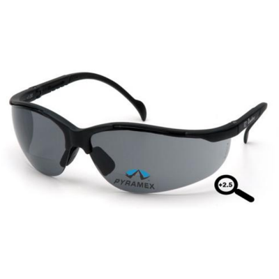Pyramex SB1820R25 V2 Readers Safety Glasses: Smoke/Gray +2.5 Diopter Lenses Black Frame