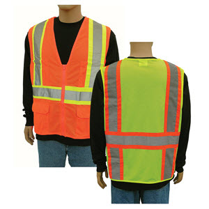 TnA Safety Products V210L Class II Lime Two Tone Reflective Surveyor Vest: 2\" Silver Stripes 1 1/4\" Orange Stripes Boarder