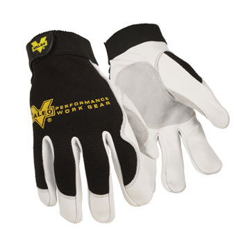 Valeo Inc V255-2X Valeo 2X Black, White And Gold Leather Utility Full Finger GoatskinMechanics Gloves With Elastic Cuff, Stretch