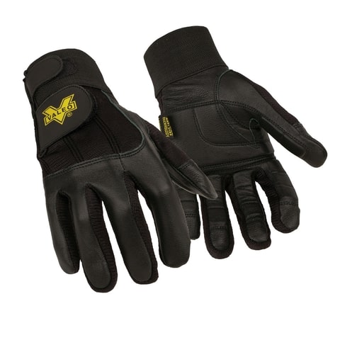 Valeo Inc V435-M Valeo Medium Black Pro Full Finger Premium Leather Anti-Vibration Gloves With Elastic Cuff, AV GEL Padded Palm,